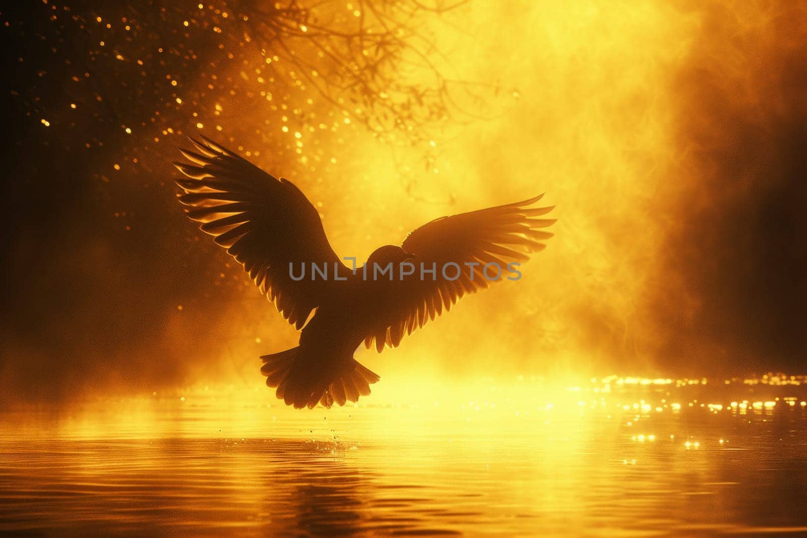a bird landing on water, Flight scene of just before landing on the water, Art style of photo.