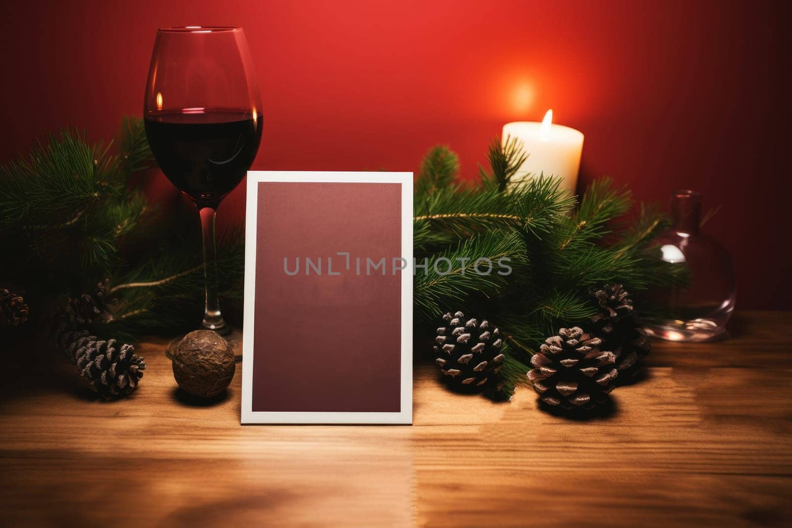 Christmas's Day Blank Greeting Card Mockup With red wine and Christmas decoration. Generative AI by matamnad