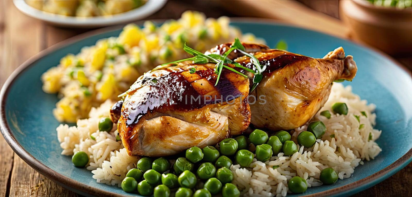 Grilled chicken, with rice and green peas served on plate, wooden rustic table background. Close-up view, grilled chicken thigh with grill marks, surrounded by rice and green peas . by panophotograph