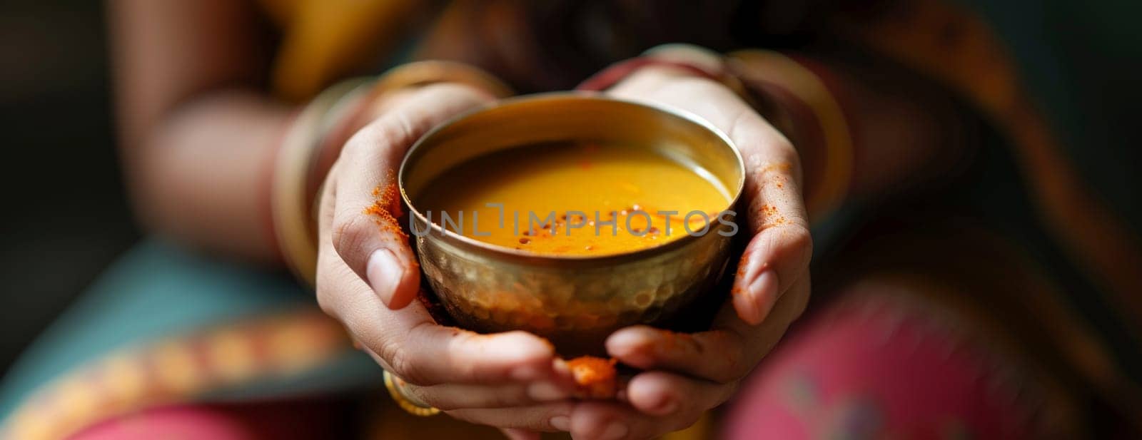 Indian woman hands holding dish of harira soup.