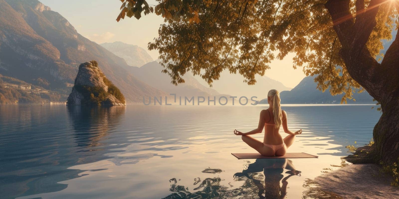 A woman calmly sits on a yoga mat positioned in the water.