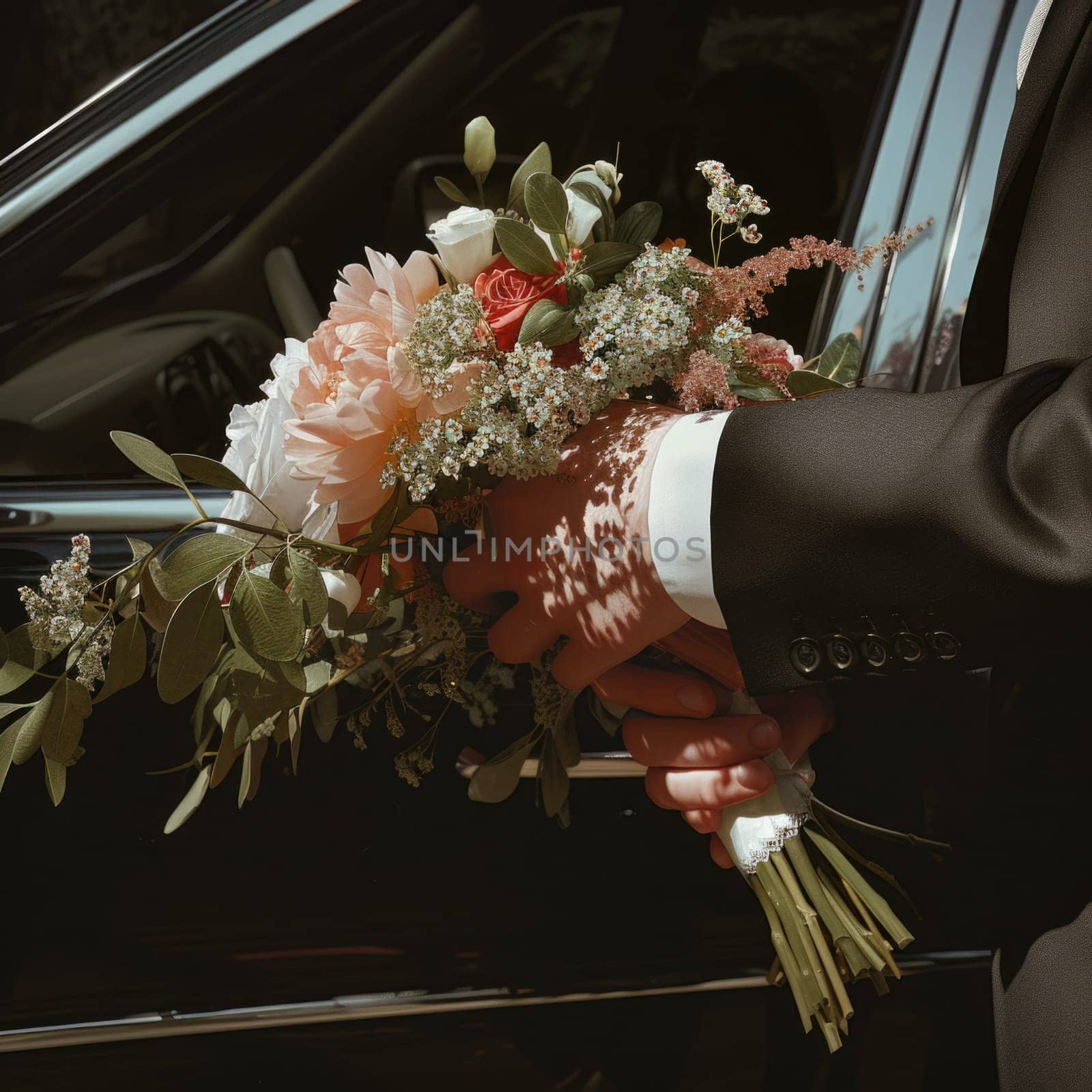 A professional businessman wearing a suit holds a bouquet of flowers in his hands.