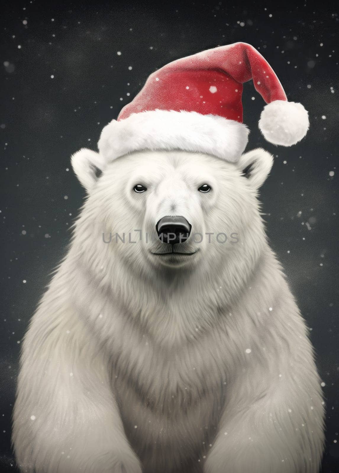 A white polar bear in a red Santa Claus hat. New year or Christmas concept. Generative AI.