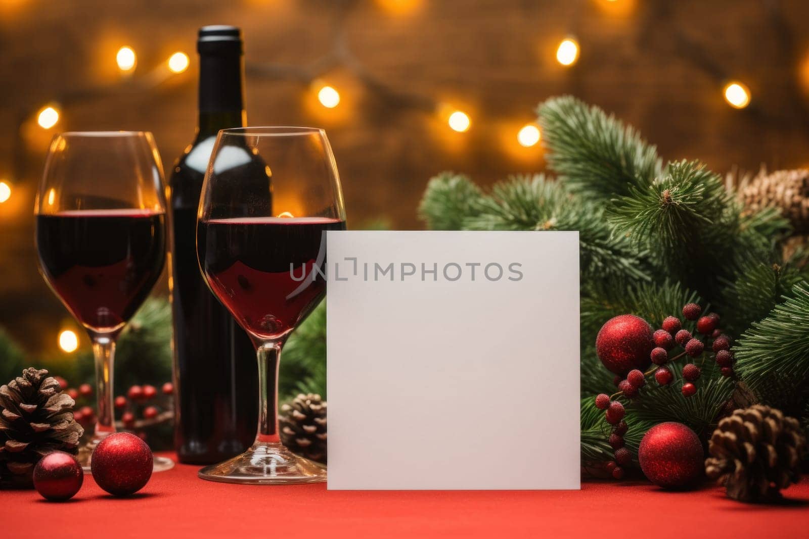 Christmas's Day Blank Greeting Card Mockup With red wine and Christmas decoration. Generative AI by matamnad