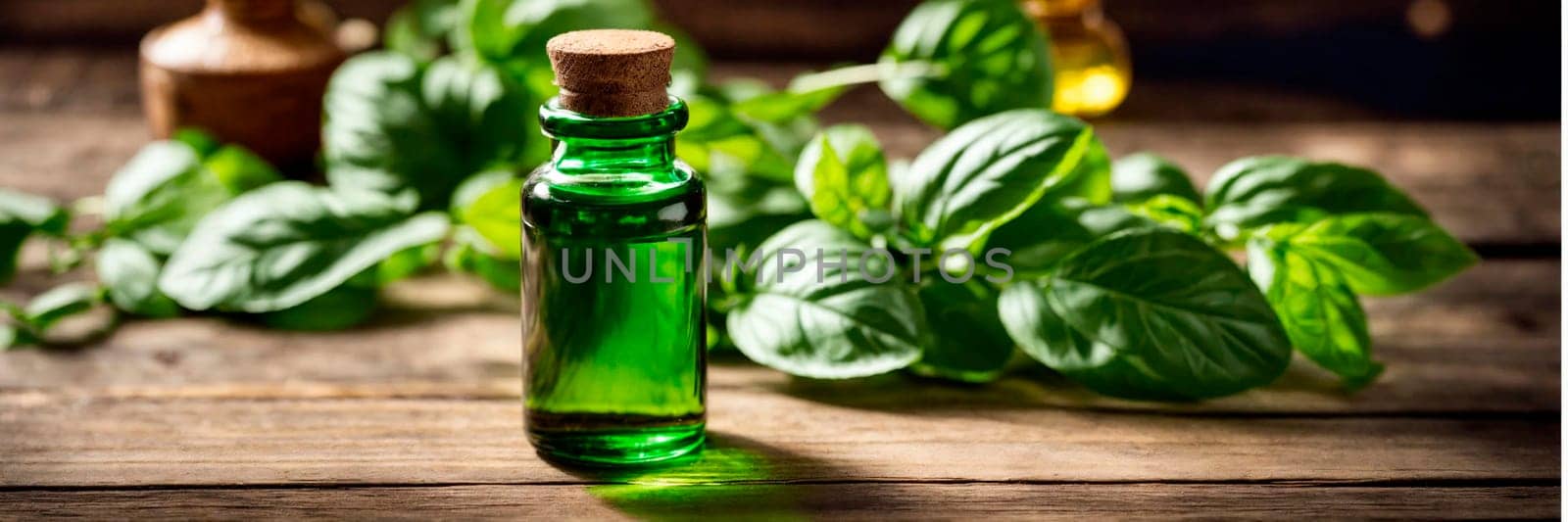 Basil essential oils in bottles. Selective focus. nature.