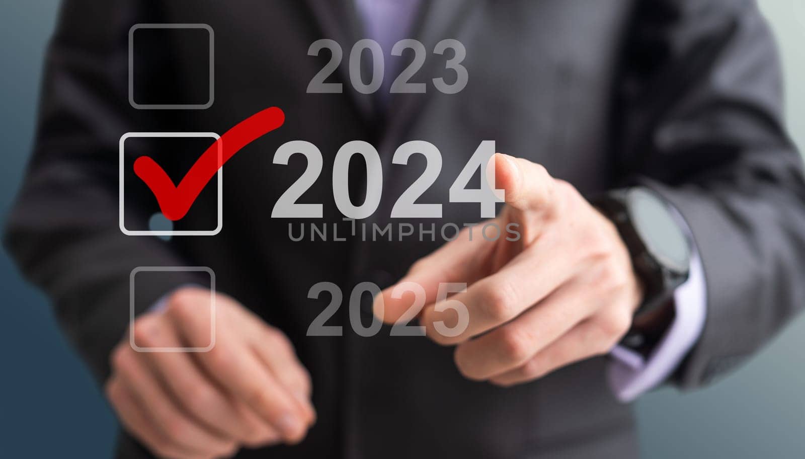 Businessman pressing virtual button New 2024 Year. High quality photo