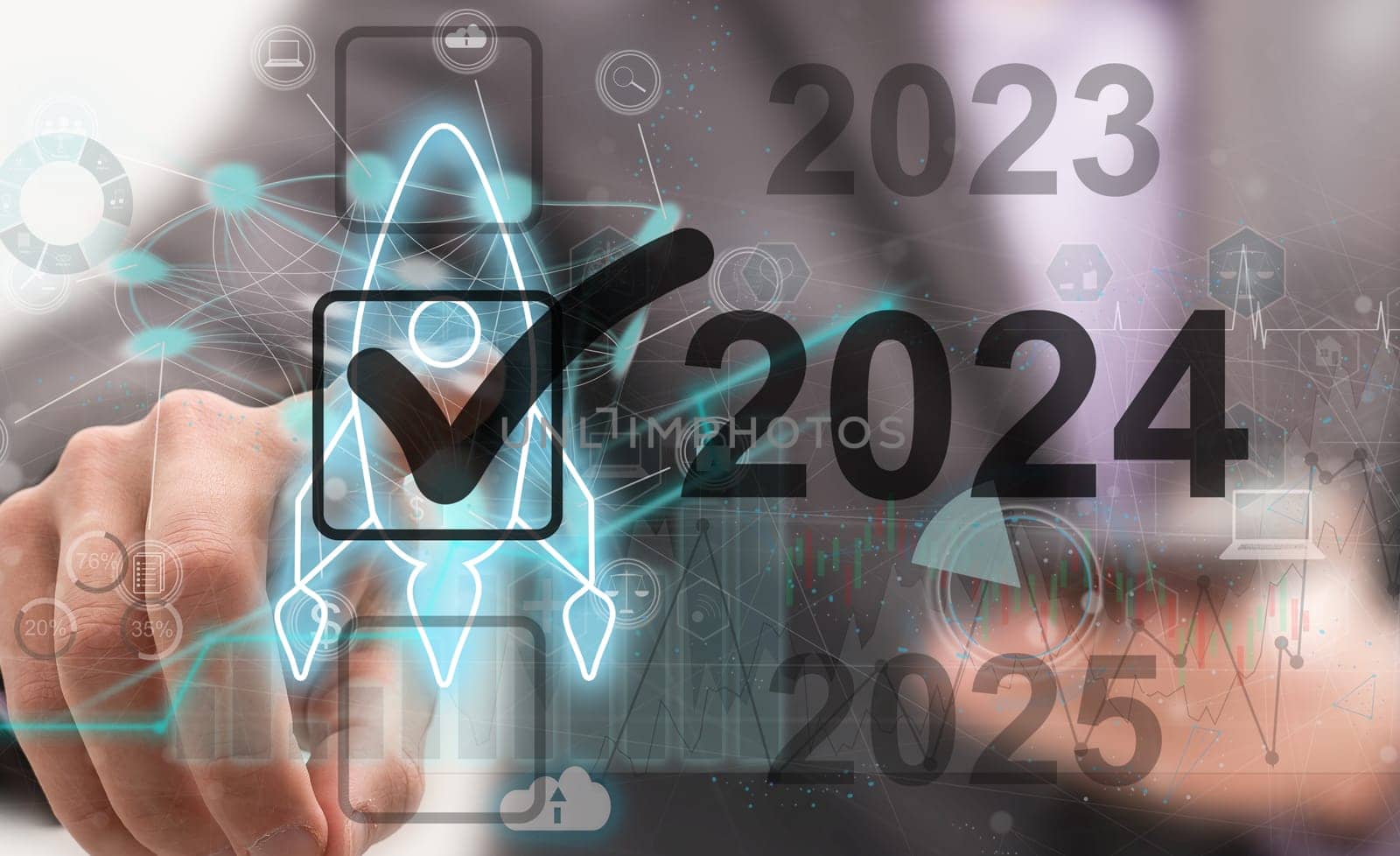 virtual interface target in the year 2024 icons, Plans to accelerate corporate expansion and growth until 2024. Beginning 2024 New Year's business planning. High quality photo