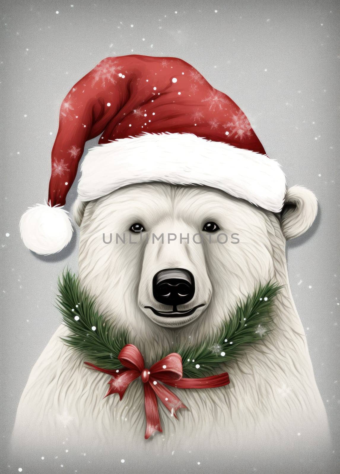 A white polar bear in a red Santa Claus hat. New year or Christmas concept. Generative AI.