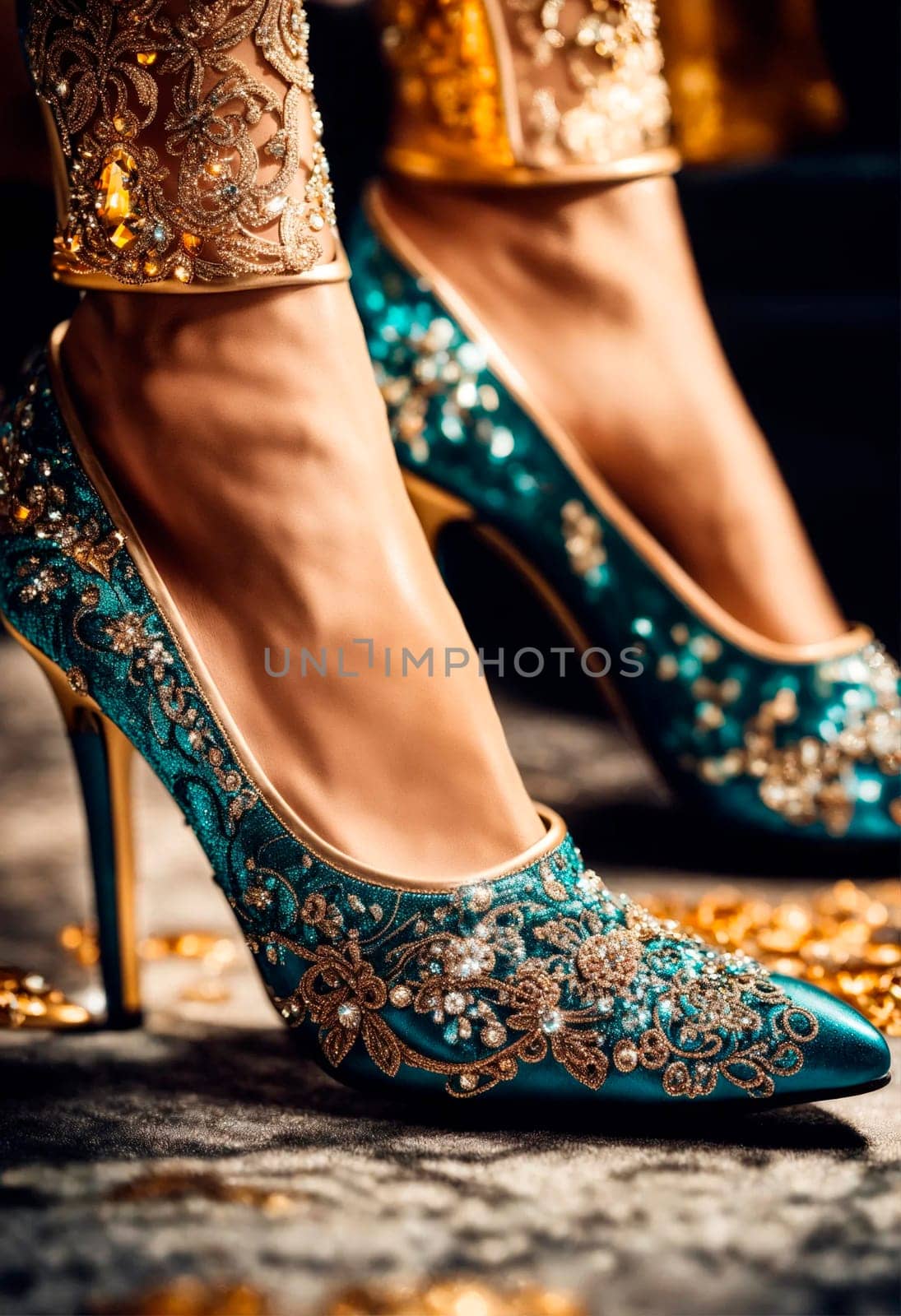 Beautiful shoes decorated with rhinestones. Selective focus. Holiday.