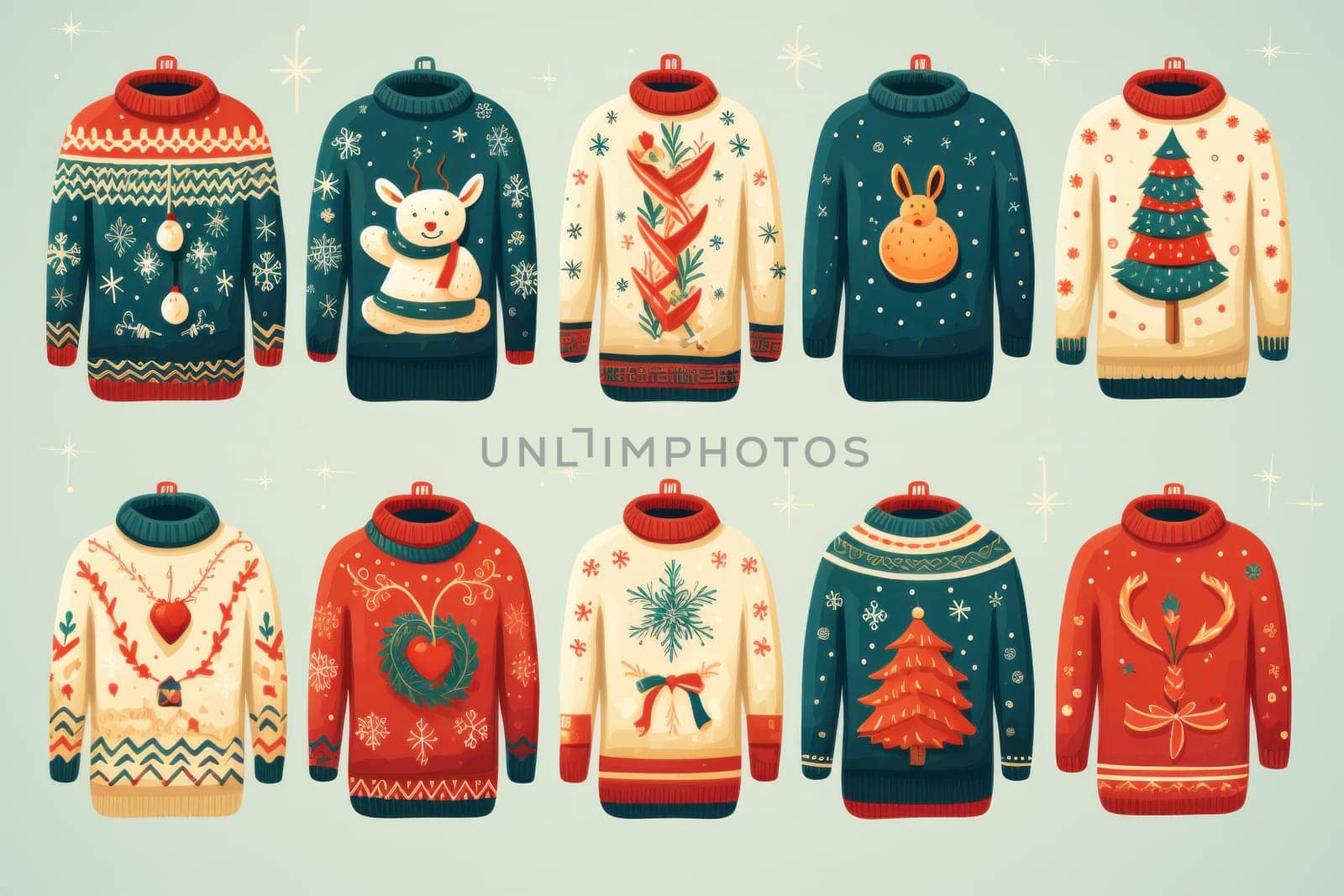 illustration of a pattern of ugly Christmas sweaters for wallpapers. AI generative by matamnad