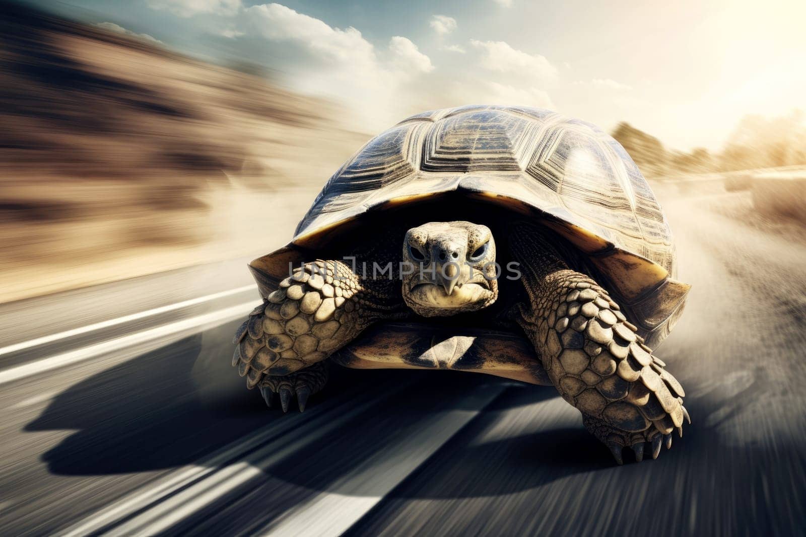 A Turtle dashes at full speed a city street, generative AI.
