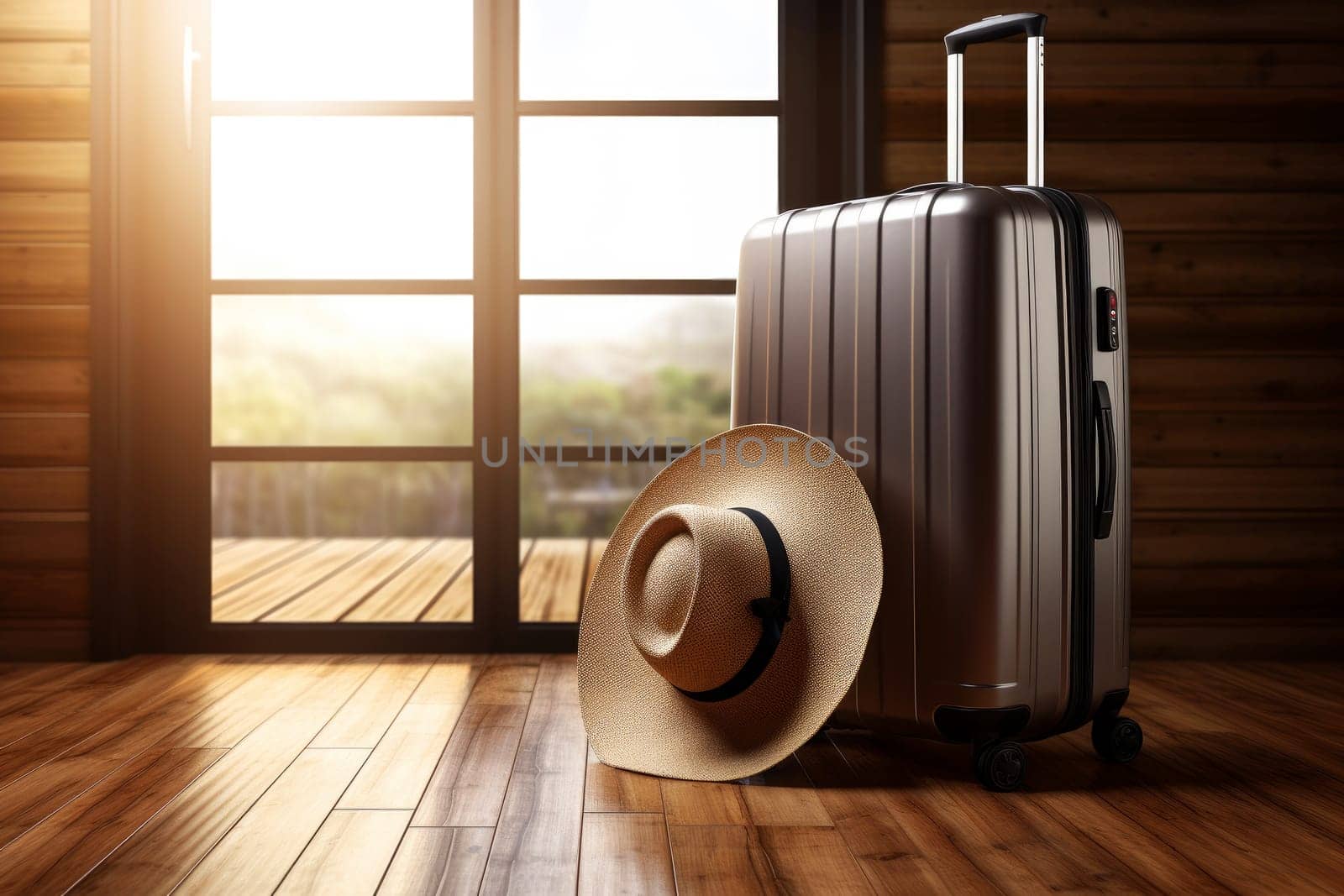Suitcase and straw hat at the hotel Travel , holidays, vacation concept.. Generative Ai by matamnad