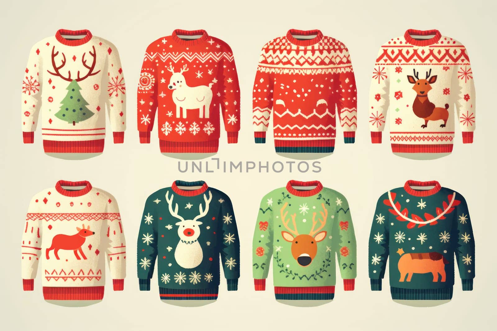 illustration of a pattern of ugly Christmas sweaters for wallpapers. AI generative.