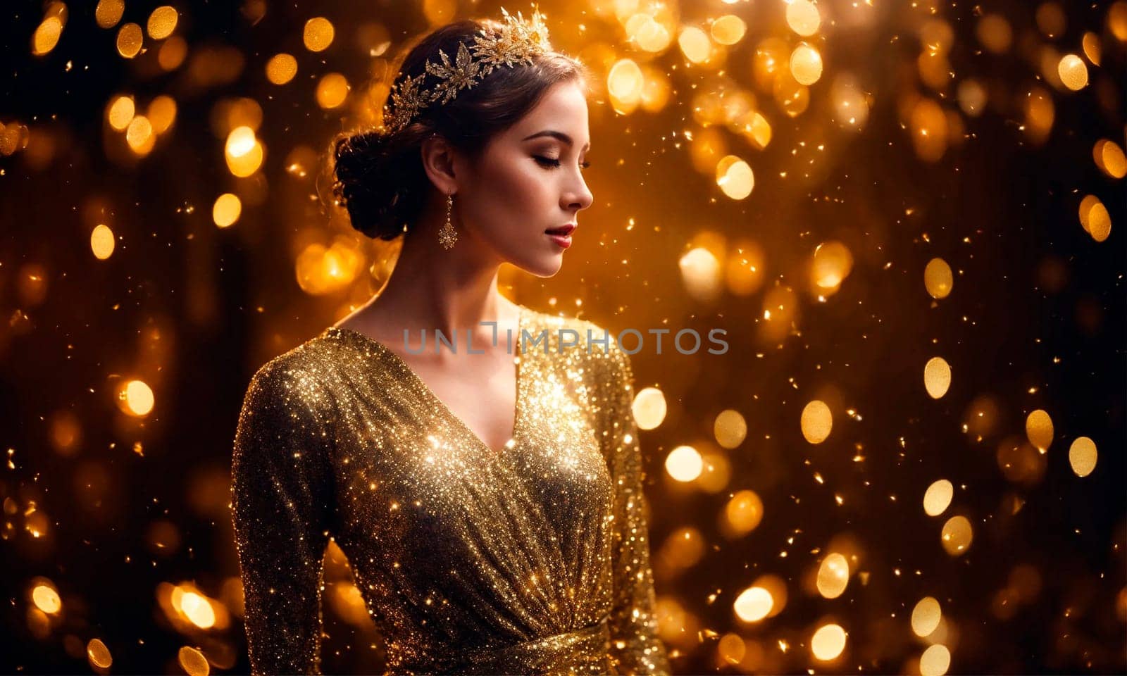 Beautiful woman on a golden background. Selective focus. Holiday.