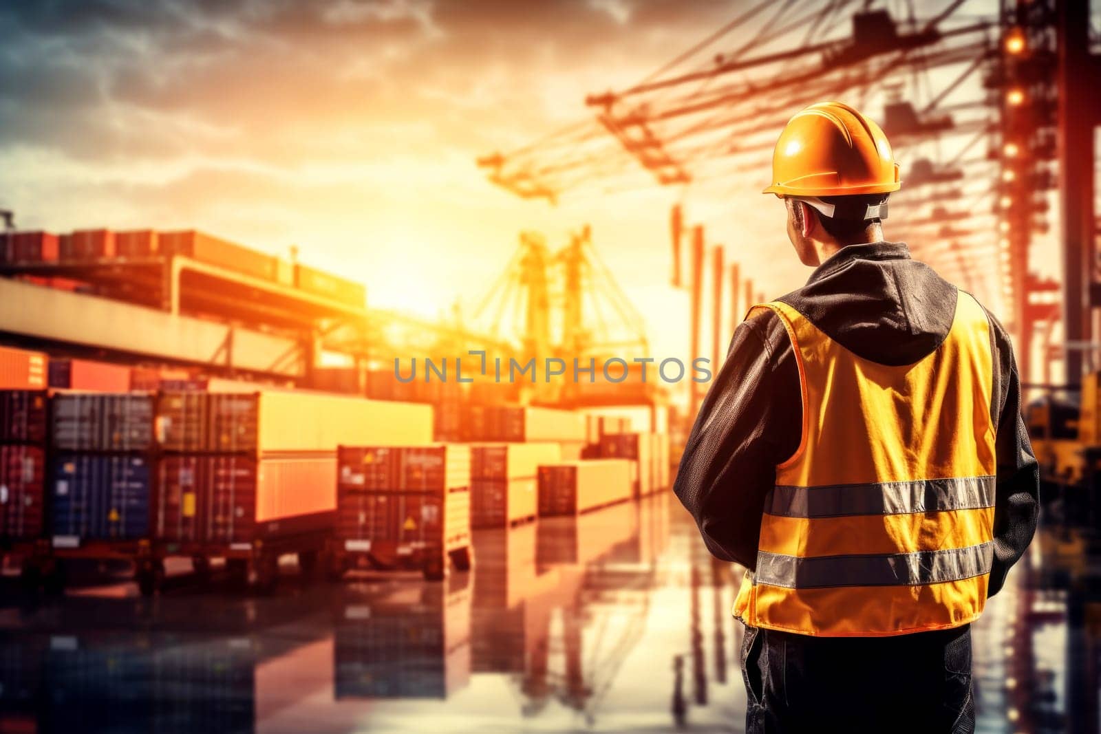 A civil engineer with safety equipment stands looking at the construction site. Generative AI..