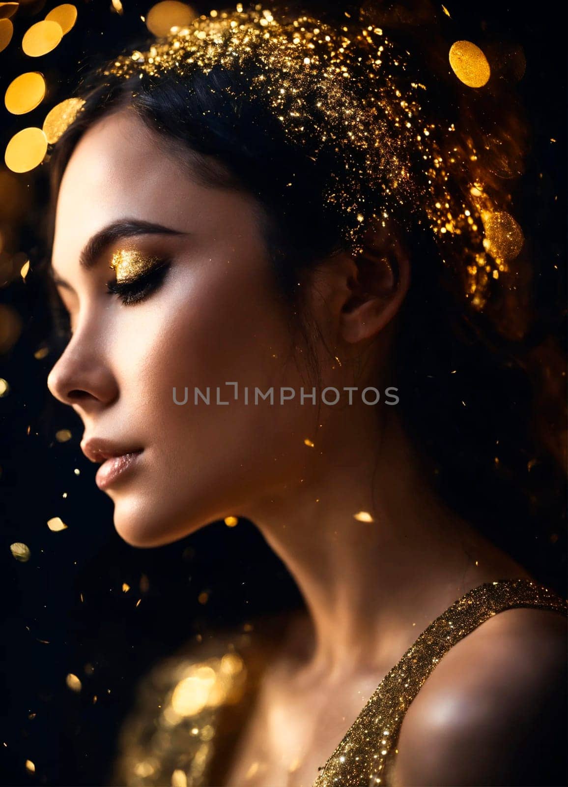 Beautiful woman on a golden background. Selective focus. Holiday.