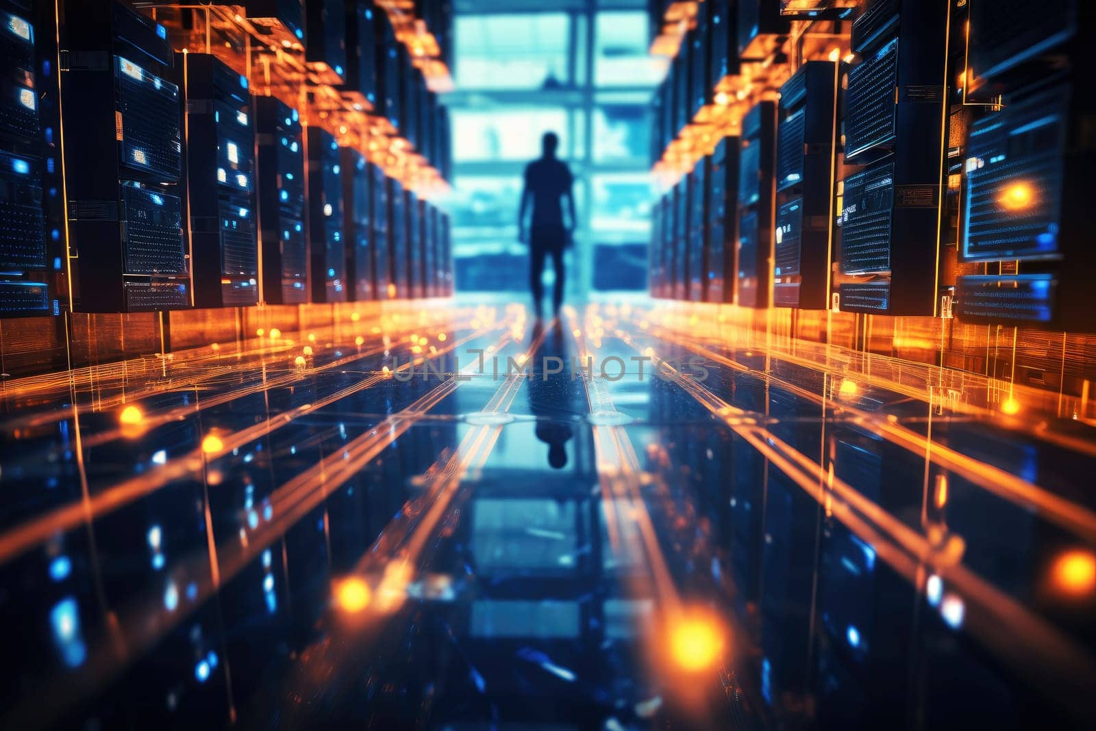 A man walks down the corridor to the Futuristic Data Center . Ai generated. by matamnad