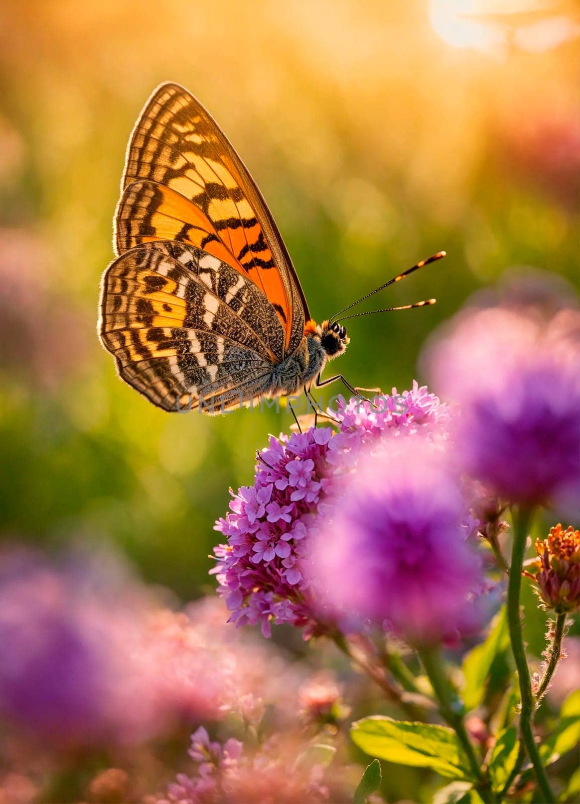 a butterfly collects pollen on flowers. Selective focus. nature.