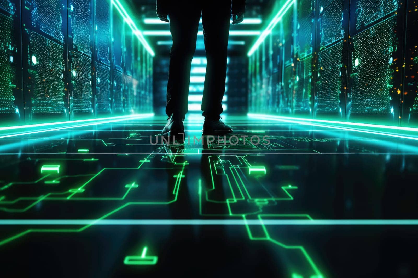 A man walks down the corridor to the Futuristic Data Center . Ai generated..