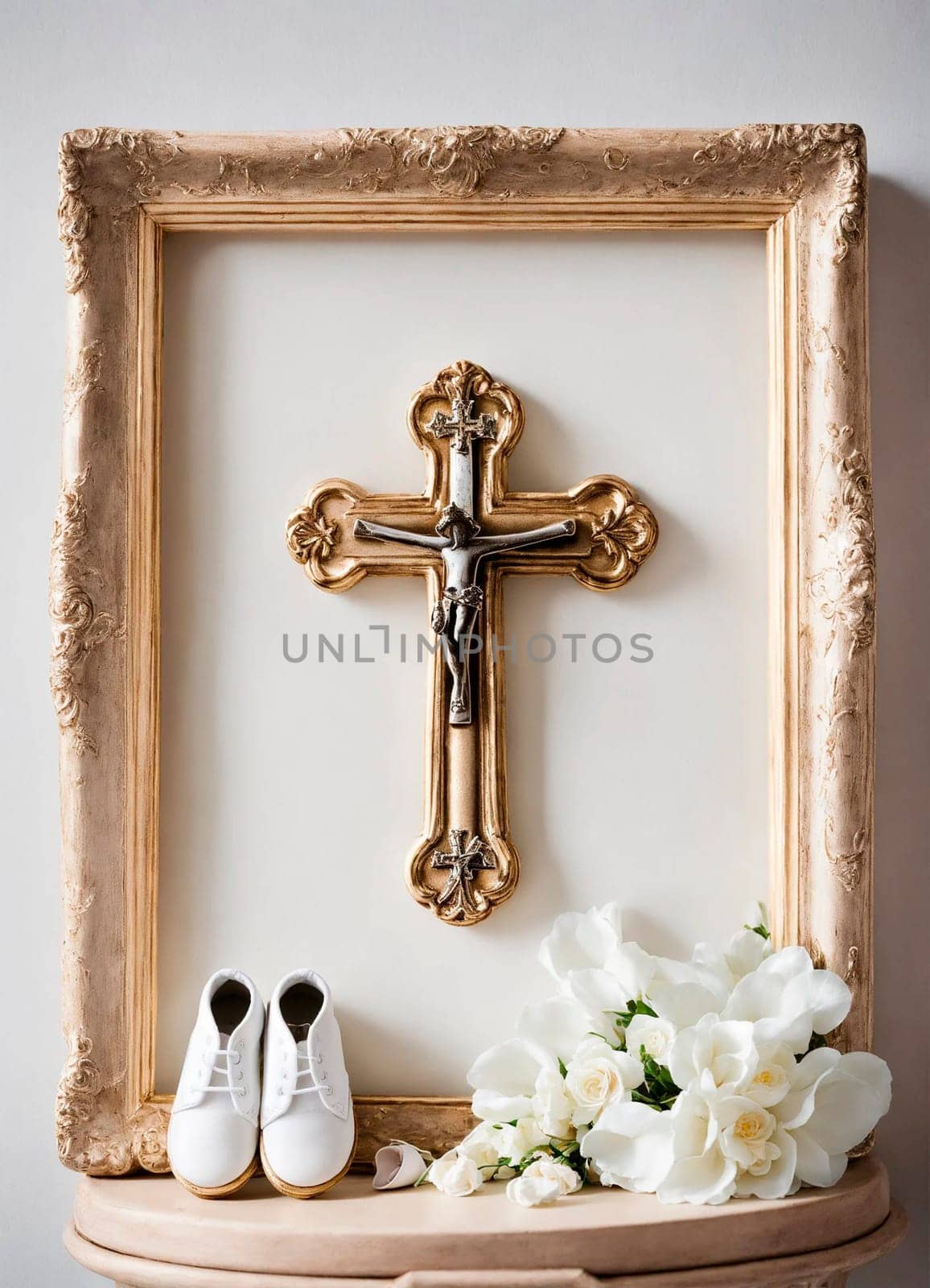 baby booties and a cross for baptism. Selective focus. by yanadjana