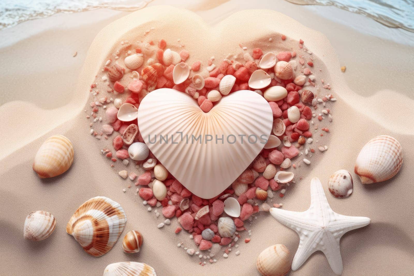 Heart shape composition of seashells on sand, flat lay. Generative AI by matamnad