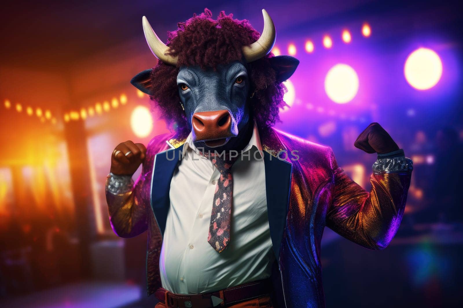 a bull wearing a colorful jacket and jeans in party background. generative ai.