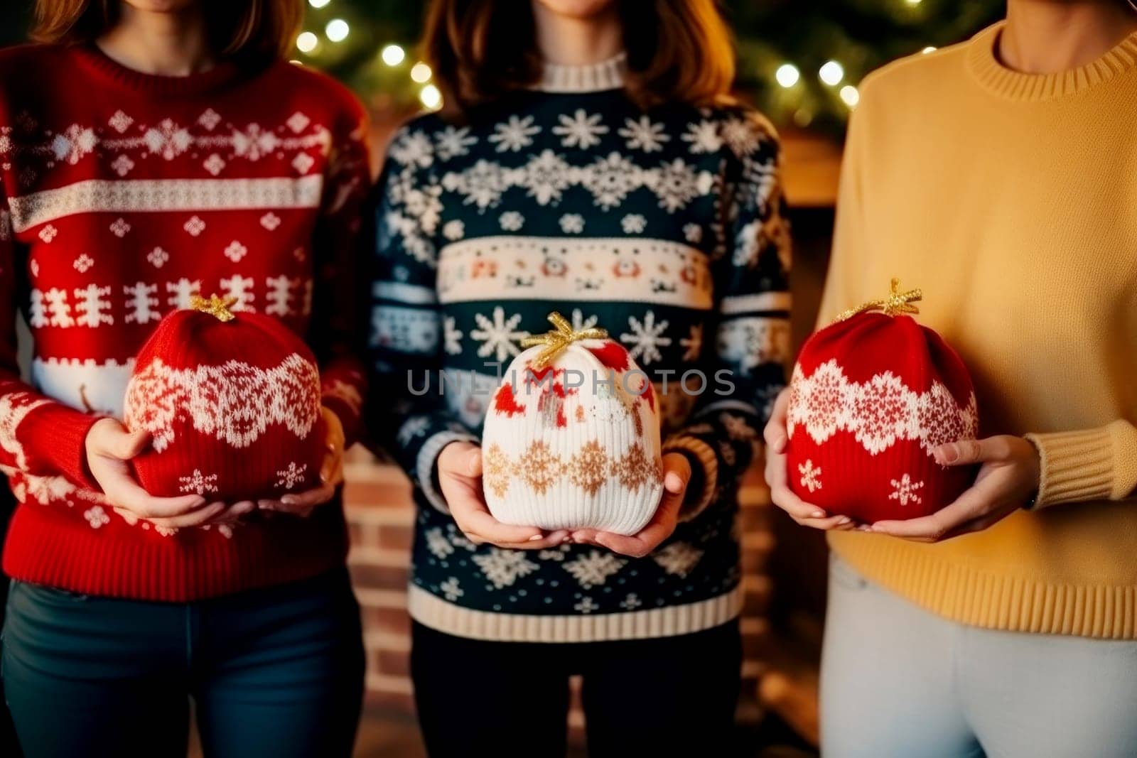 people wearing ugly sweater in circle hand united. Generative AI by matamnad