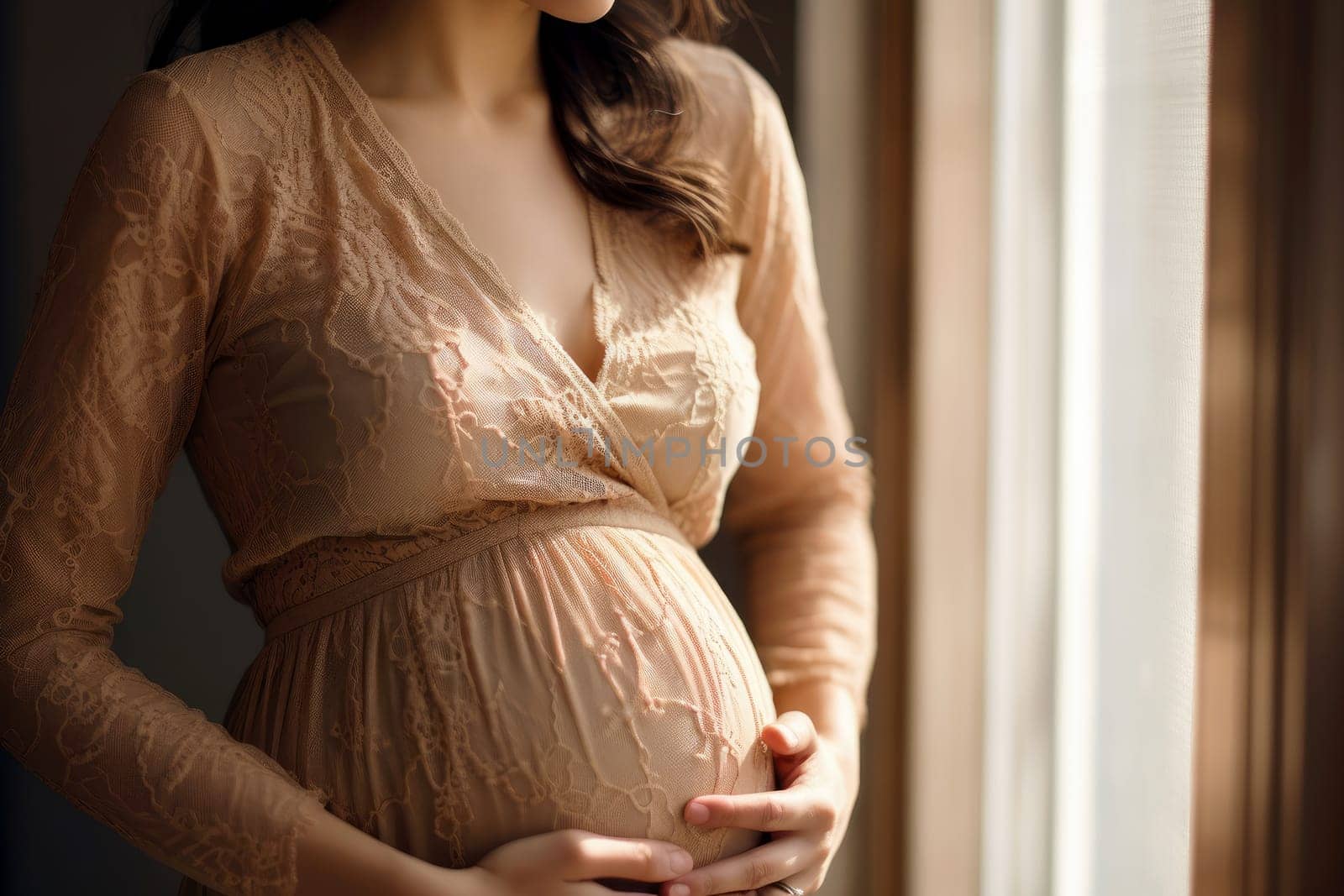 woman pregnant expecting maternity dress mom. AI generative by matamnad