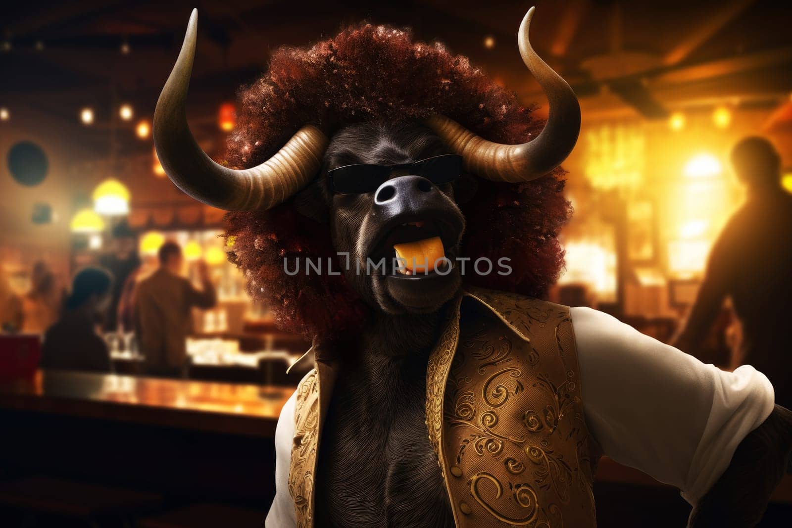 a bull wearing a colorful jacket and jeans in party background. generative ai by matamnad