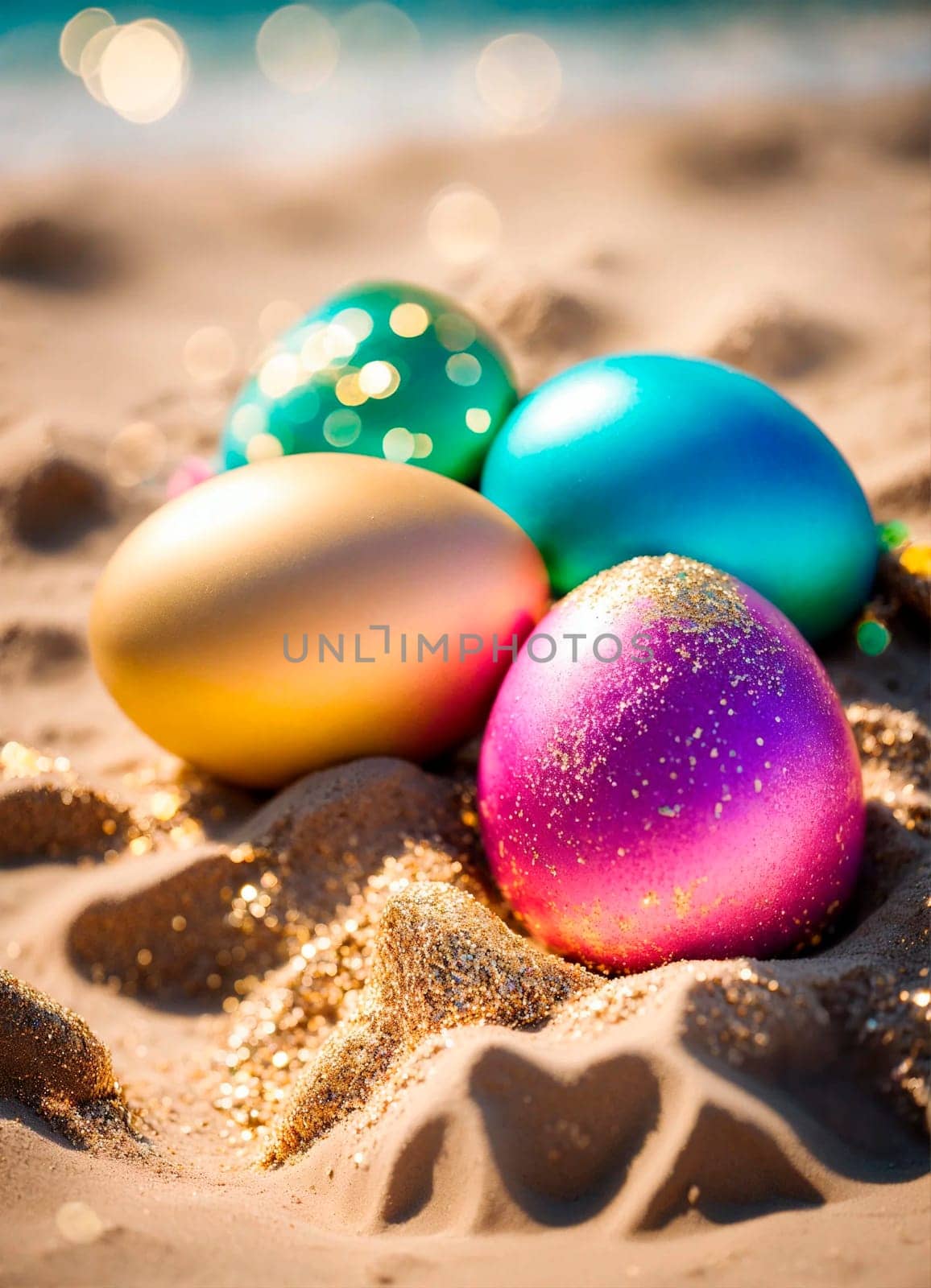 Easter eggs on the beach. Selective focus. by yanadjana