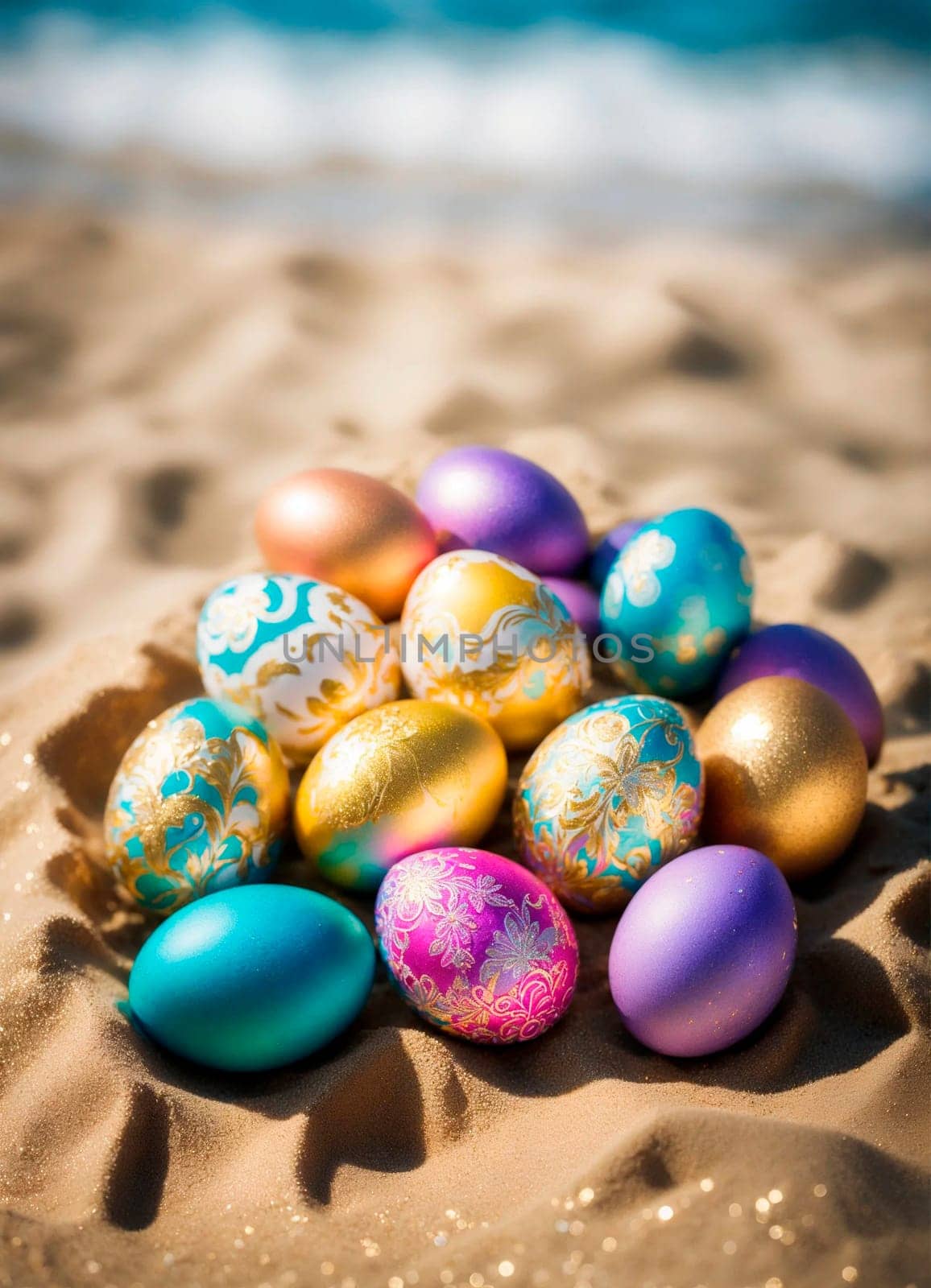 Easter eggs on the beach. Selective focus. Food.