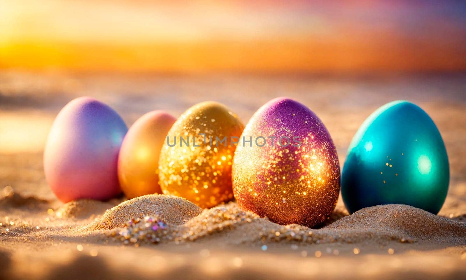 Easter eggs on the beach. Selective focus. by yanadjana