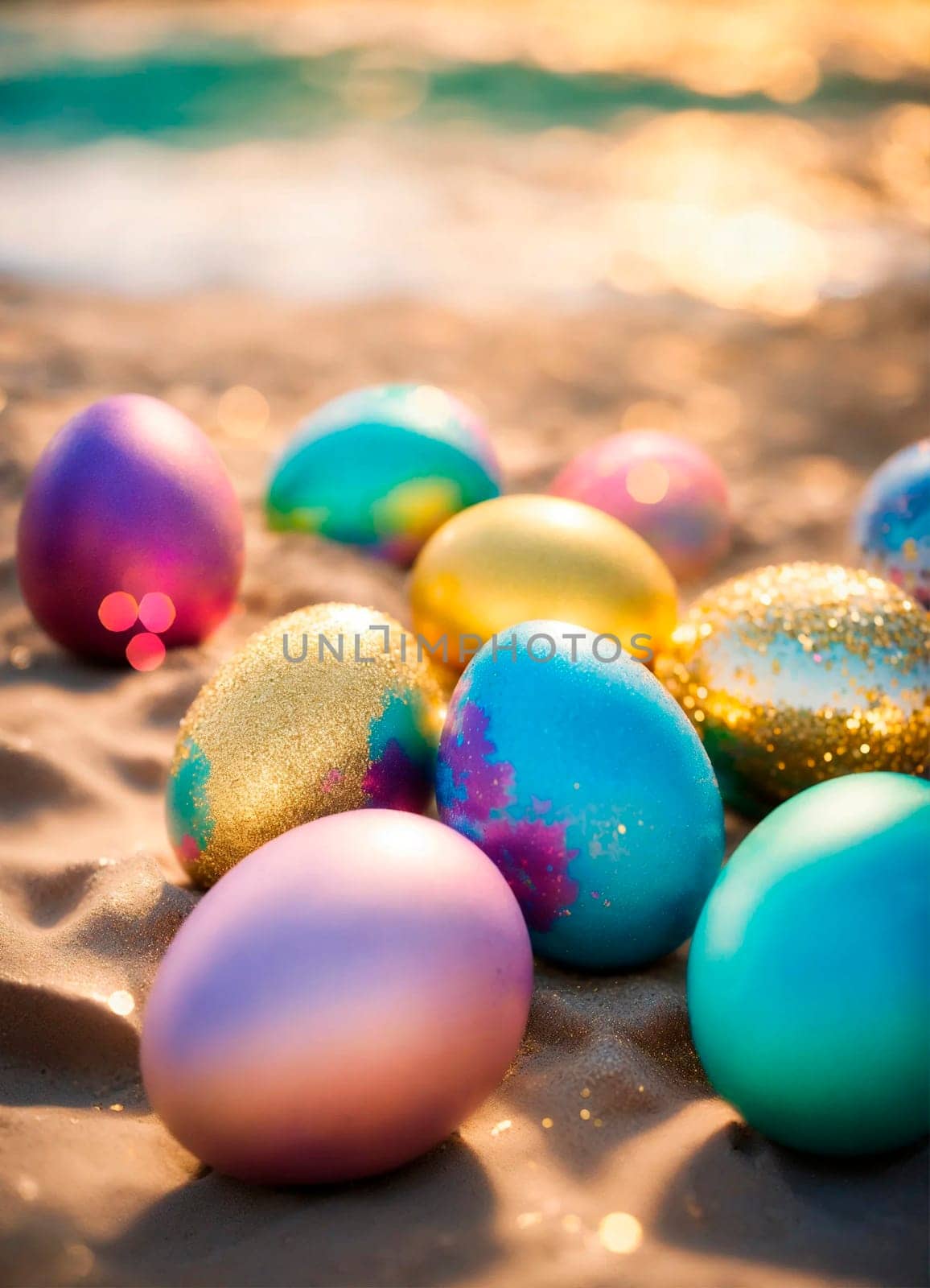 Easter eggs on the beach. Selective focus. Food.