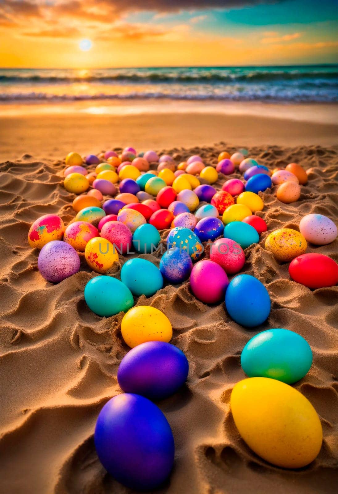 Easter eggs on the beach. Selective focus. by yanadjana