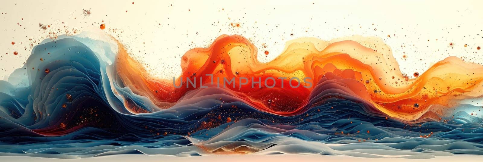 A dynamic painting capturing the powerful motion of a wave in vivid orange and blue hues.