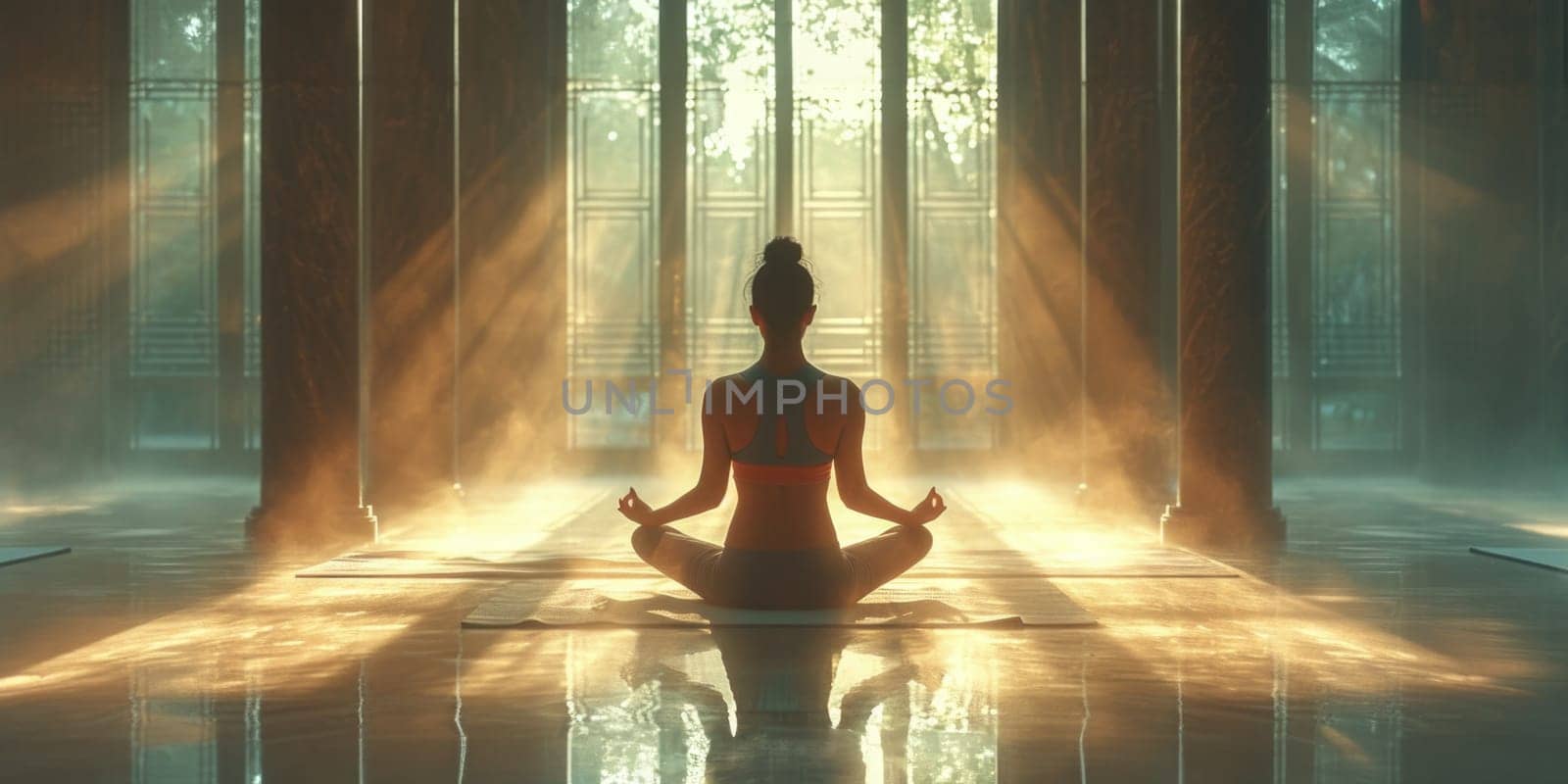An Asian woman sitting in a lotus position in front of a window.