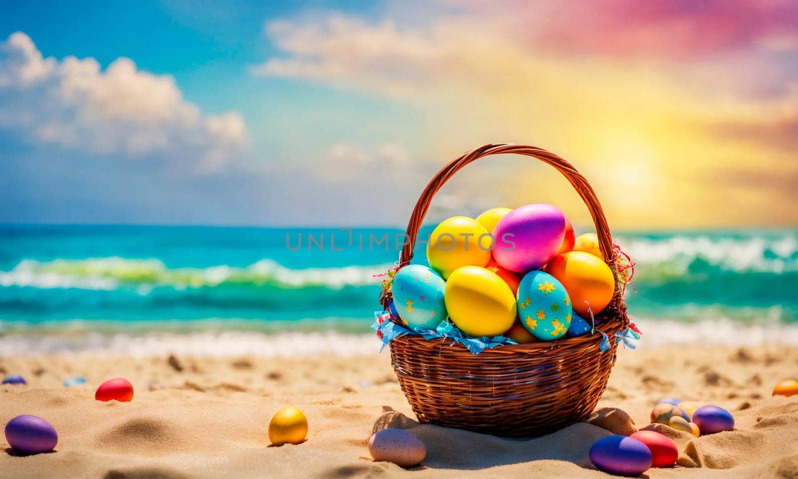 Easter eggs on the beach. Selective focus. by yanadjana