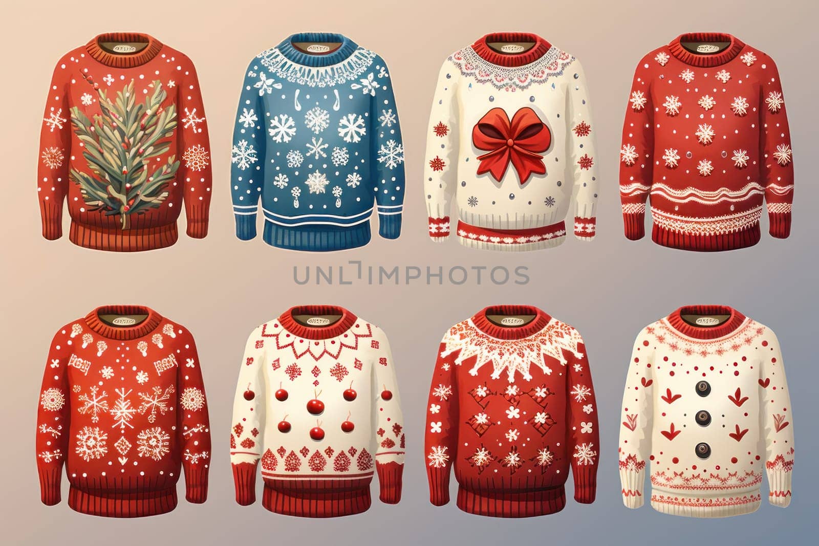 illustration of a pattern of ugly Christmas sweaters for wallpapers. AI generative.