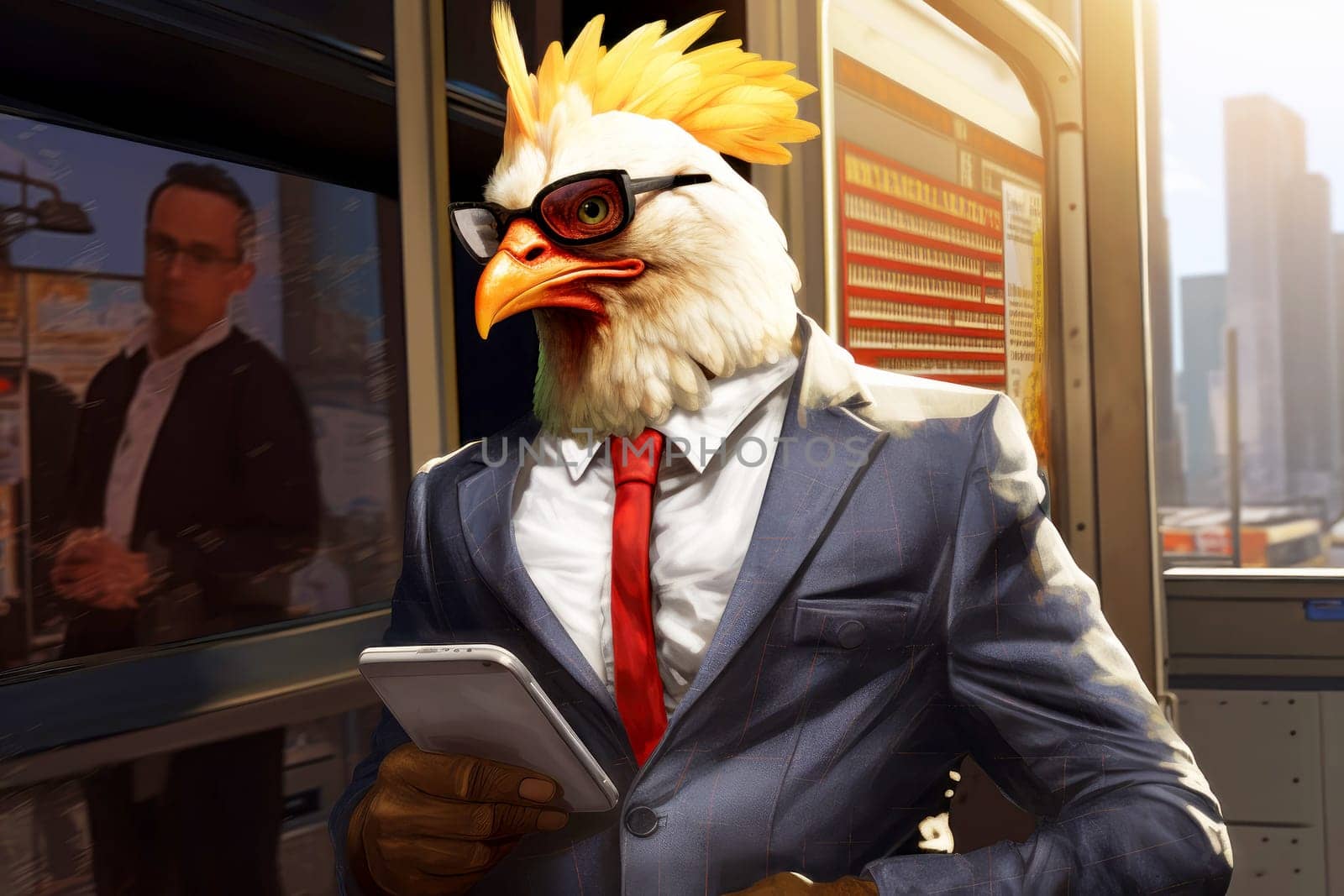 a chicken in a business suit on a business office background, ai generative.