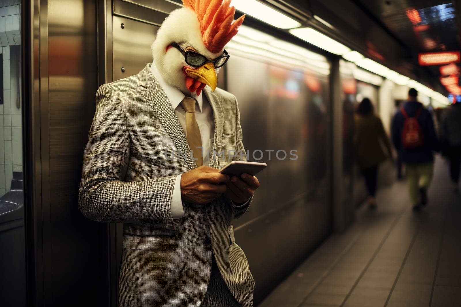 a chicken in a business suit on a business office background, ai generative by matamnad