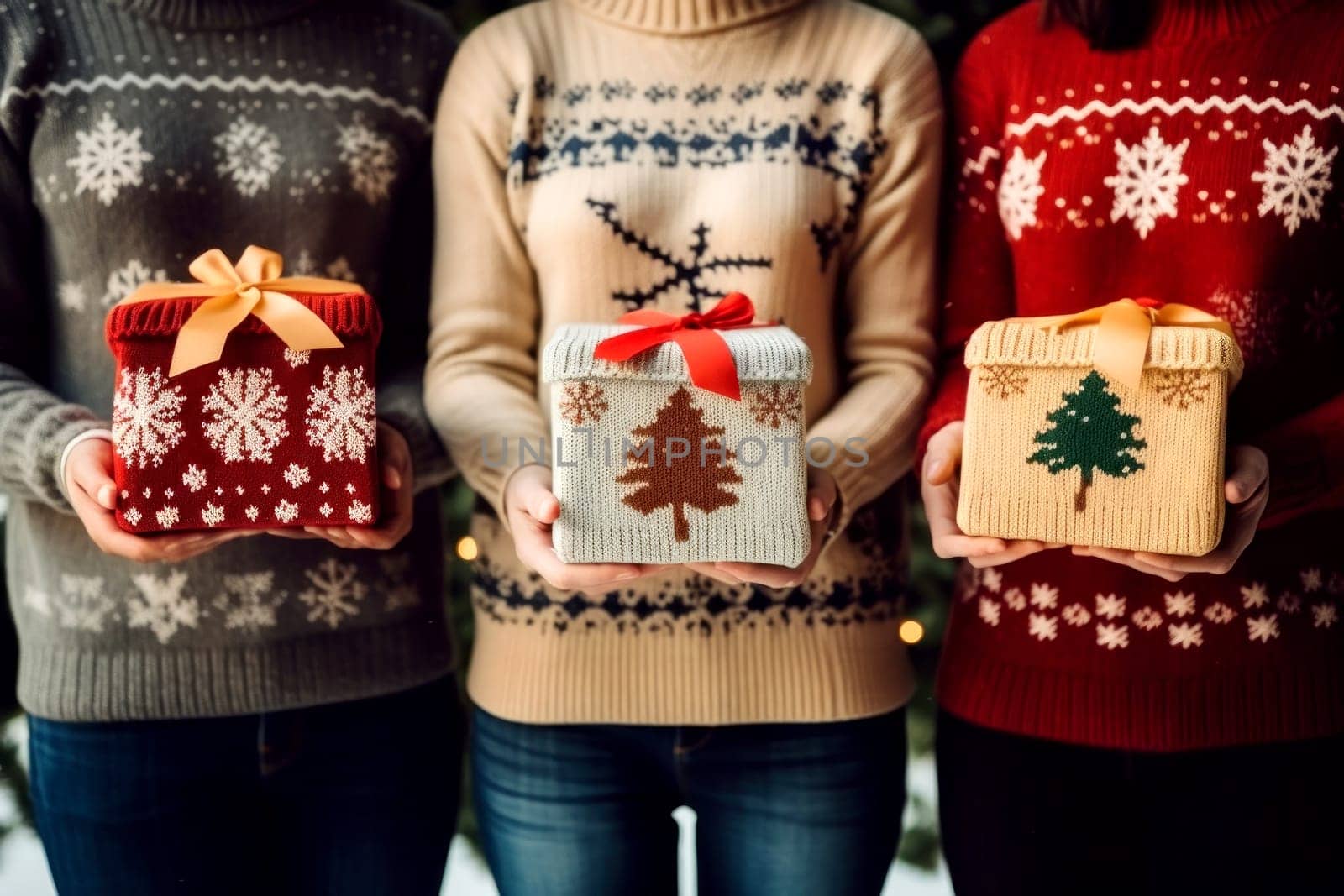 people wearing ugly sweater in circle hand united. Generative AI by matamnad