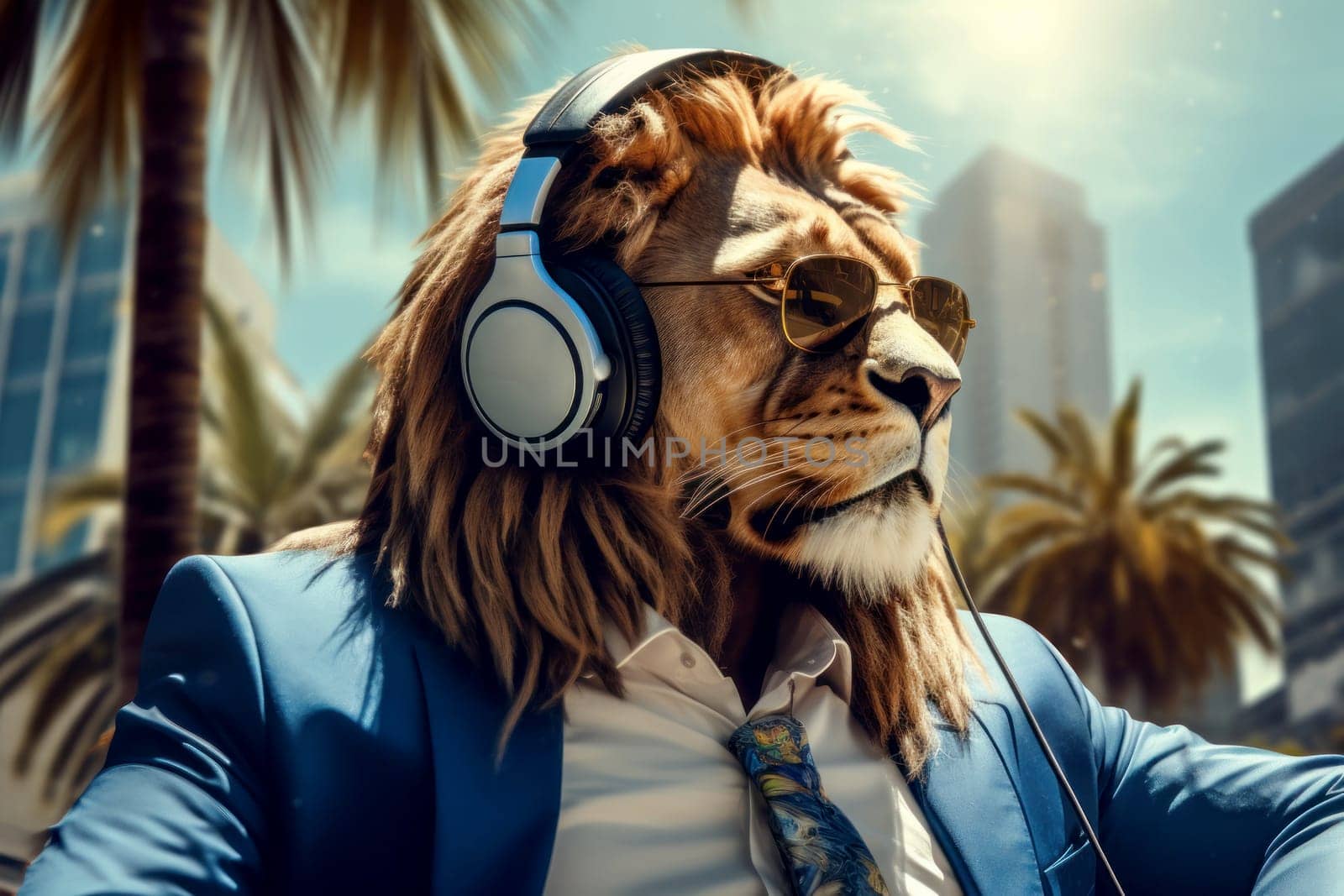 lion humanoid in Business Suit with mobile phone in city background, AI generative by matamnad