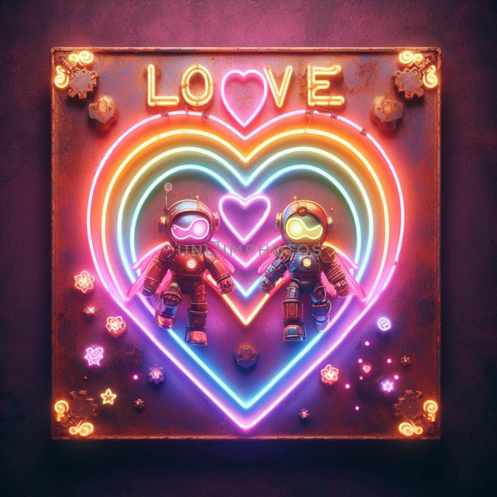 steampunk bee king and queen in love neon sign valentines illustration concept rusty background generative ai art
