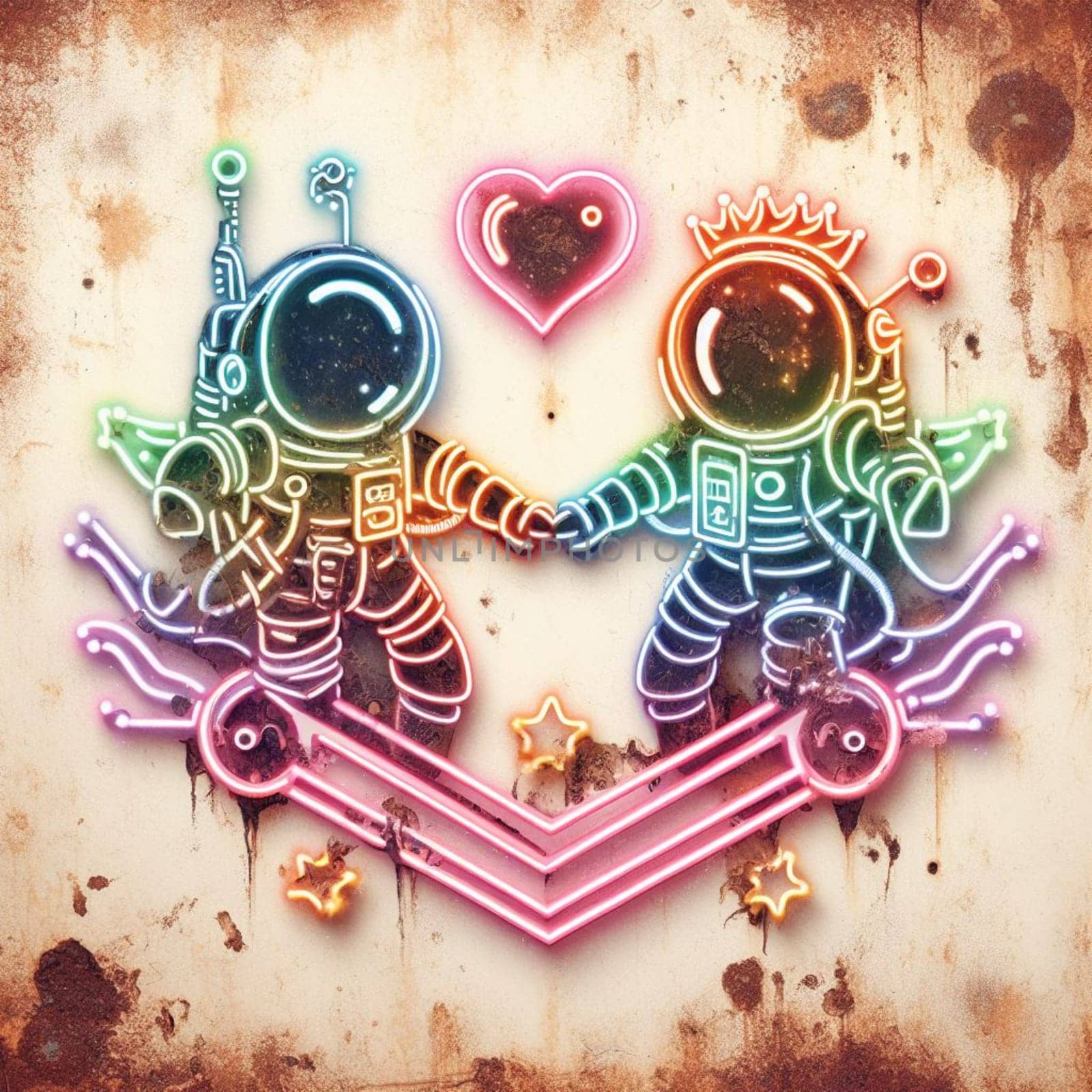 steampunk astronaut king and queen in love neon sign valentine illustration concept rusty background by verbano