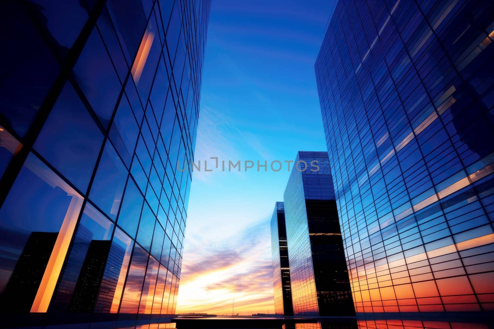 business financial building with sunset , AI generative. by matamnad