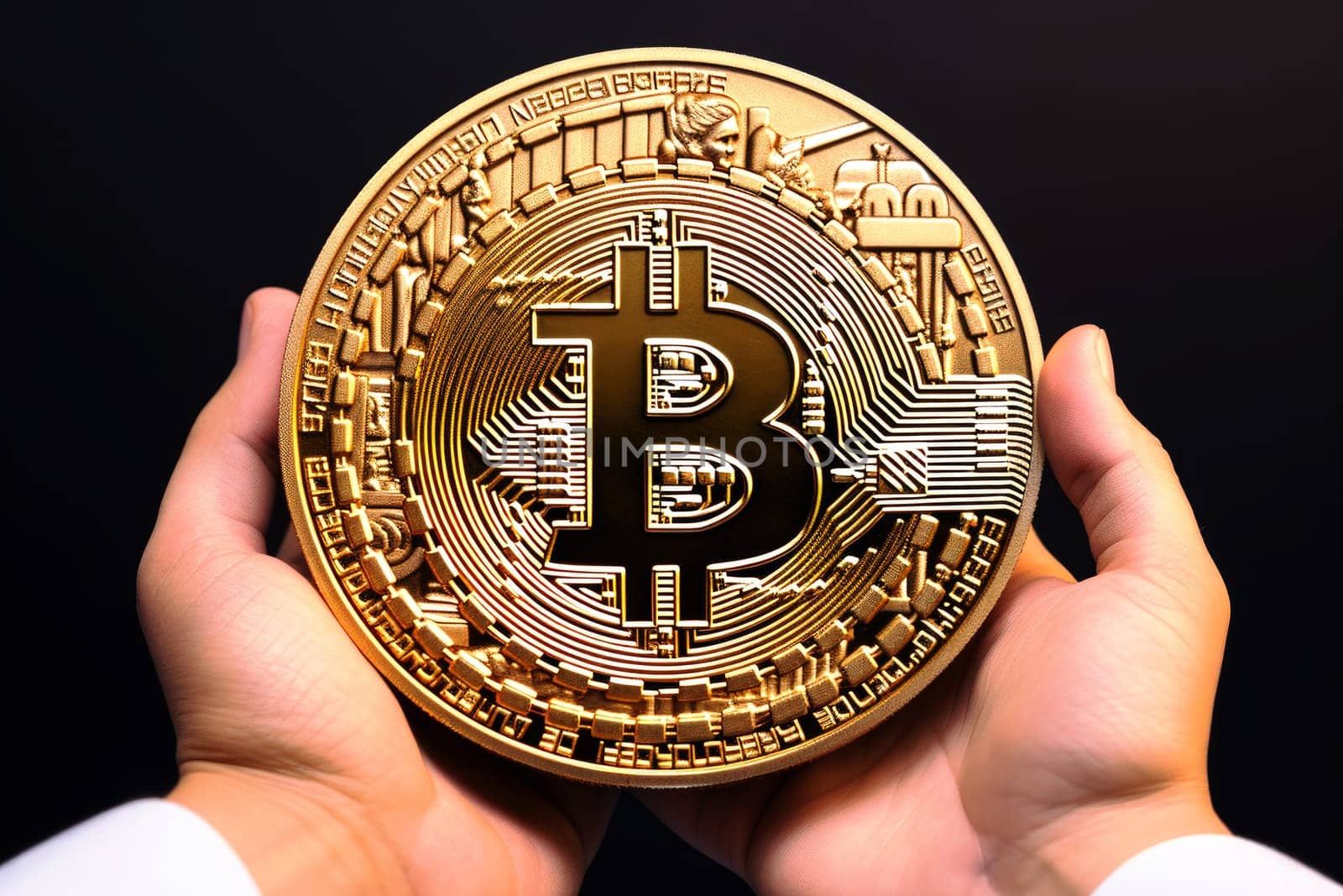 person holding a Bitcoin Golden Coin, Isolated. Bitcoin. Crypto. Cryptocurrency .Generative AI..