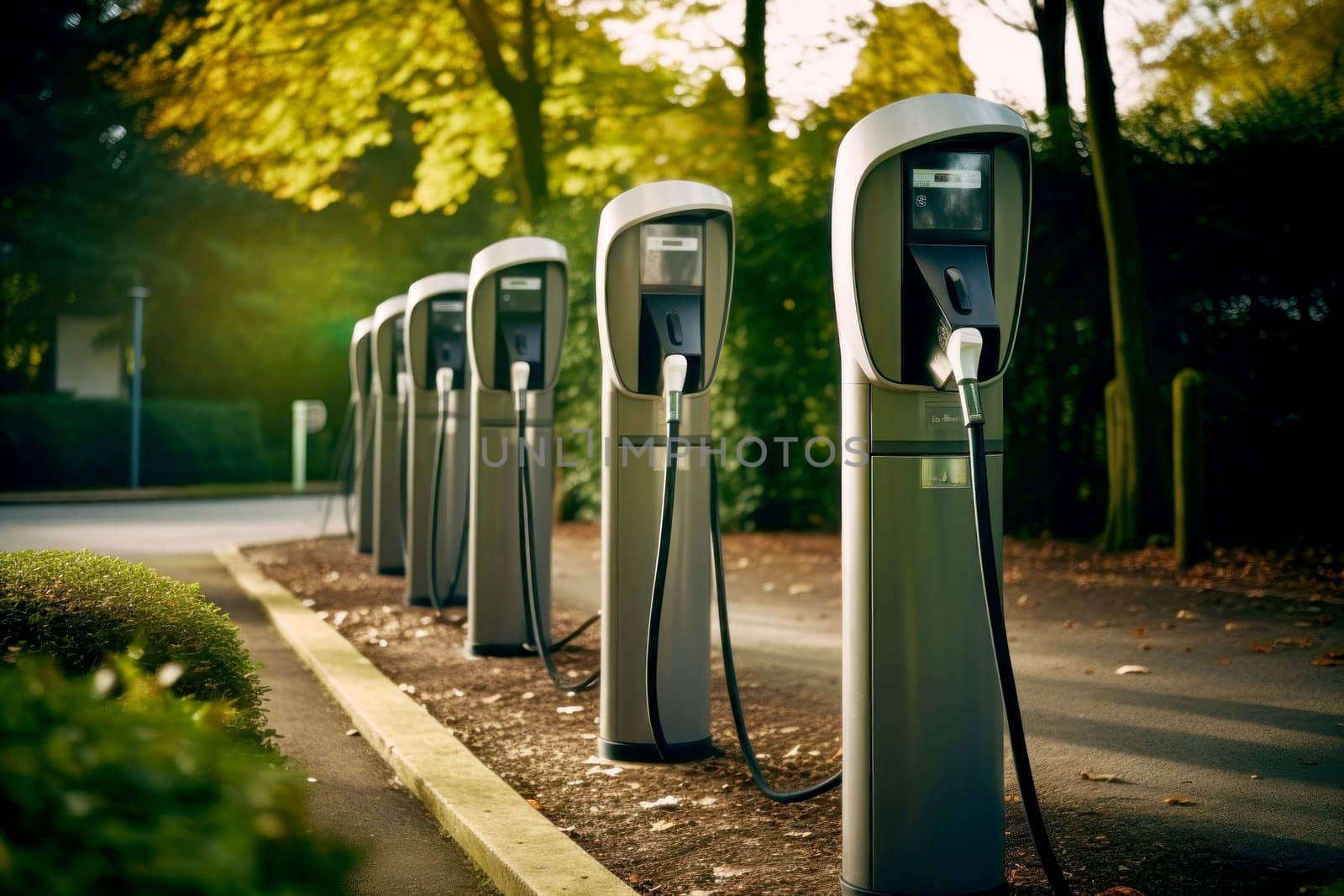 EV Charging Stations for Electric Cars Line the Parking Lot. Generative AI..