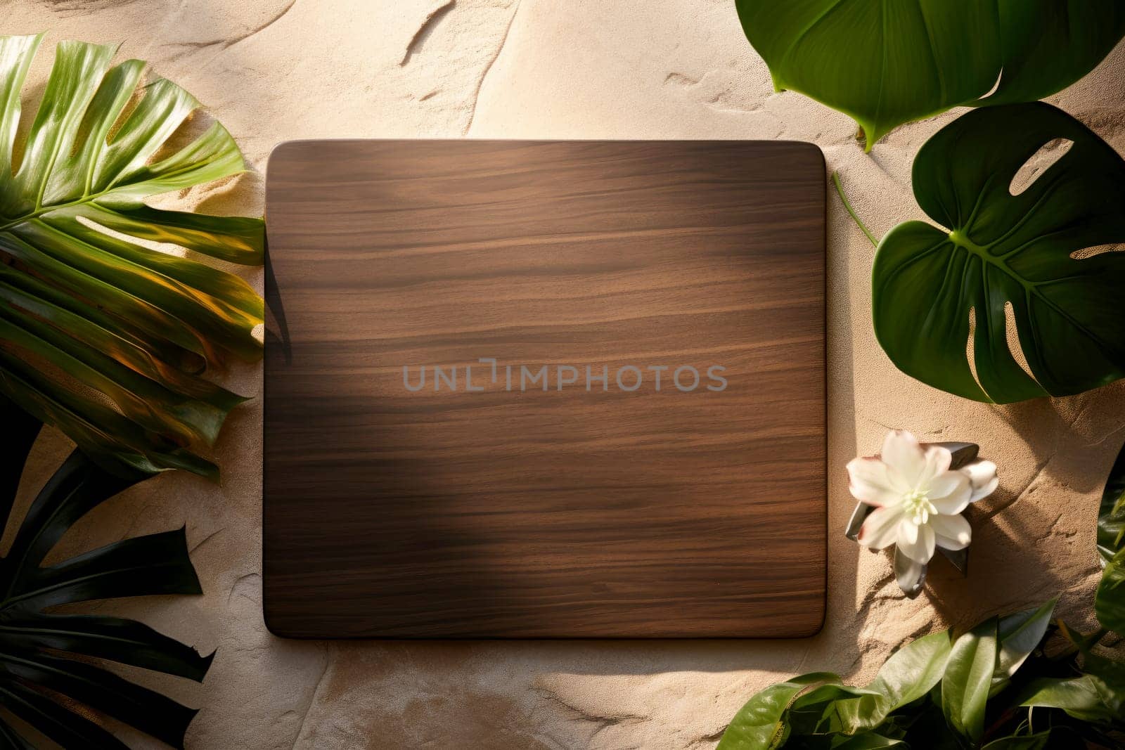 wooden mockup of tropical nature leaves on background leaves . Generative AI by matamnad