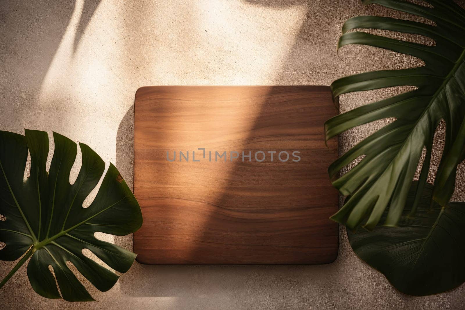 wooden mockup of tropical nature leaves on background leaves . Generative AI by matamnad