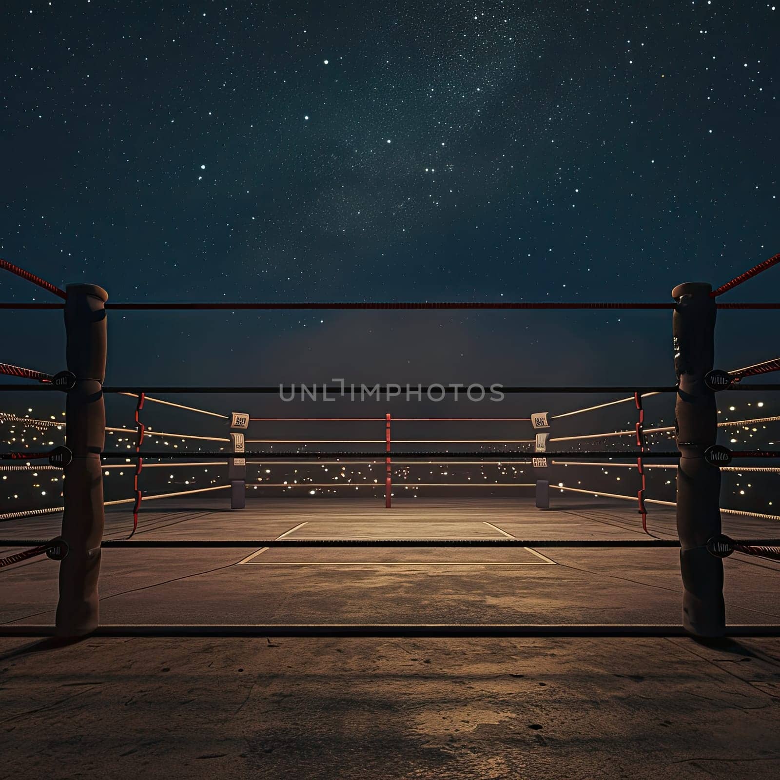 A photo capturing a boxing ring during a night-time fight, with a stunning backdrop of stars in the sky.